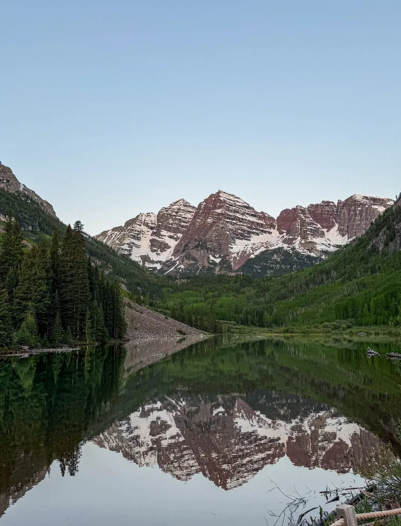 Maroon Bells View and Lake reflection of Bell mountains